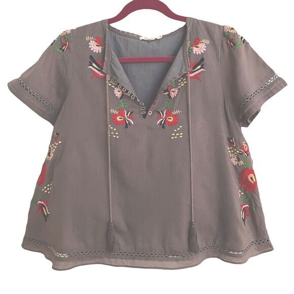 Tularosa Revolve Sz S Embroidered Boho Gray with Tassel Peasant Top Blouse Swing - Picture 1 of 8